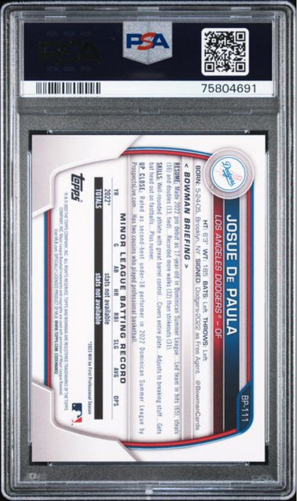 Graded 2023 Topps Bowman Josue De Paula #BP111 Paper Prospects Rookie RC Baseball Card PSA 10 Gem Mint (ONLINE ORDER ONLY)