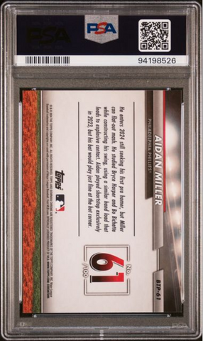 Graded 2024 Topps Bowman Aidan Miller #BTP61 Scouts Top 100 Rookie RC Baseball Card PSA 10 Gem Mint (ONLINE ORDER ONLY)