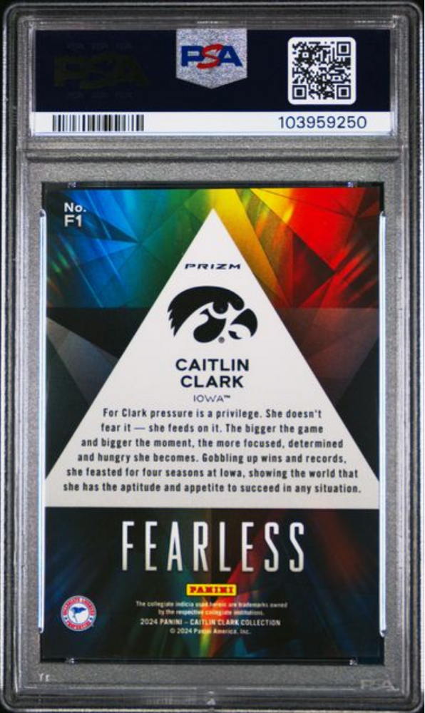 Graded 2024 Panini Caitlin Clark Collection Caitlin Clark #F1 Fearless Rookie RC Basketball Card PSA 10 Gem Mint (ONLINE ORDER ONLY)