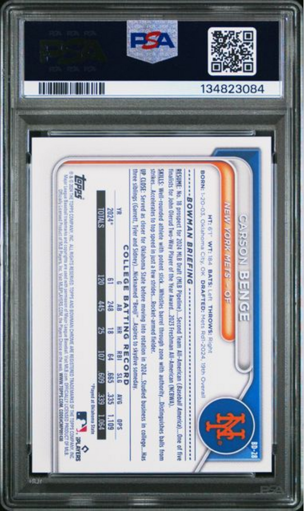 Graded 2024 Topps Bowman Draft Carson Benge #BD28 Rookie RC Baseball Card PSA 10 Gem Mint (ONLINE ORDER ONLY)