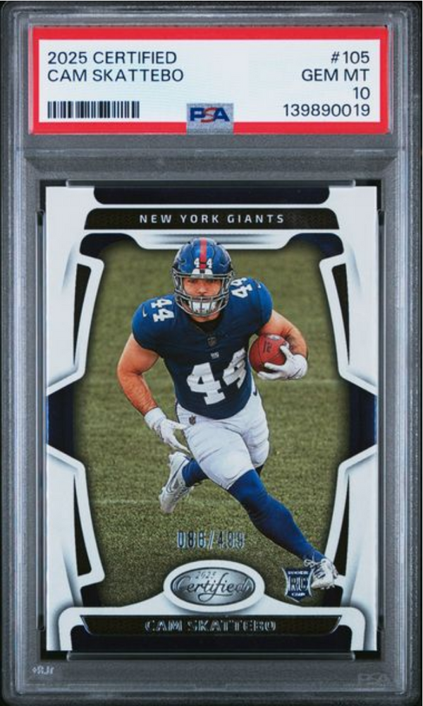 Graded 2025 Panini Certified Cam Skattebo #105 /499 Rookie RC Football Card PSA 10 Gem Mint (ONLINE ORDER ONLY)
