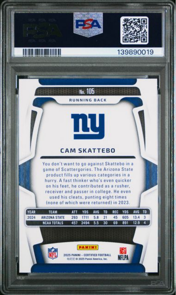 Graded 2025 Panini Certified Cam Skattebo #105 /499 Rookie RC Football Card PSA 10 Gem Mint (ONLINE ORDER ONLY)