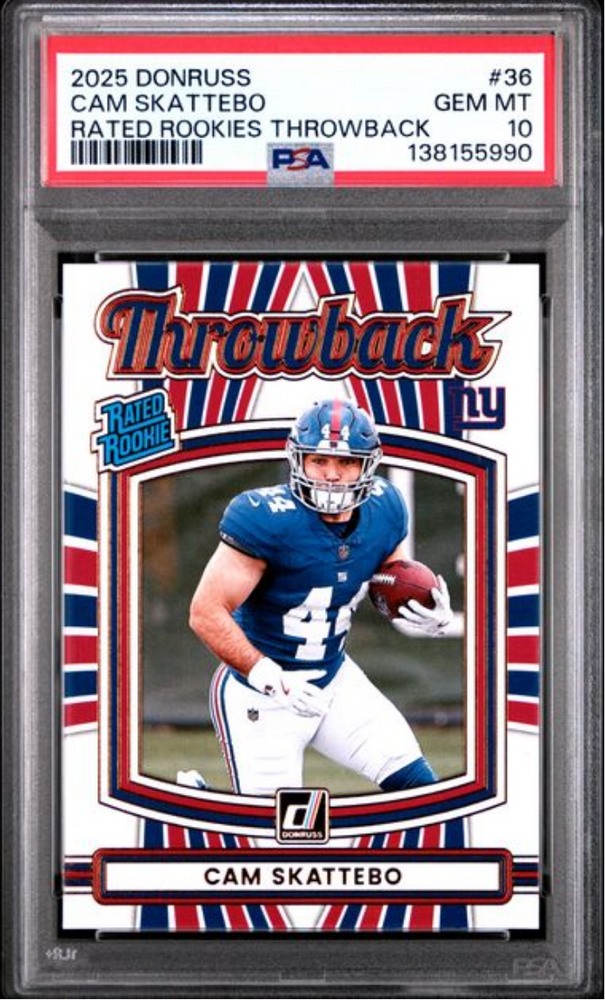 Graded 2025 Panini Donruss Cam Skattebo #36 Rated Rookies Throwback Rookie RC Football Card PSA 10 Gem Mint (ONLINE ORDER ONLY)
