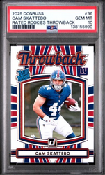 Graded 2025 Panini Donruss Cam Skattebo #36 Rated Rookies Throwback Rookie RC Football Card PSA 10 Gem Mint (ONLINE ORDER ONLY)