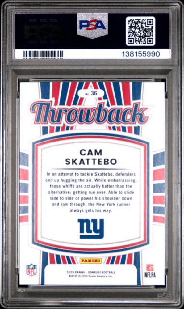 Graded 2025 Panini Donruss Cam Skattebo #36 Rated Rookies Throwback Rookie RC Football Card PSA 10 Gem Mint (ONLINE ORDER ONLY)
