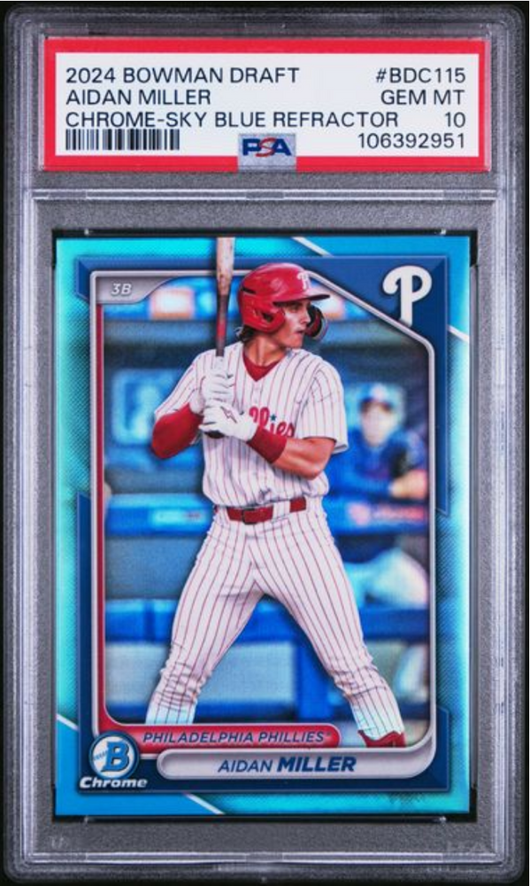 Graded 2024 Topps Bowman Draft Aidan Miller #BDC115 Chrome Sky Blue Refractor Rookie RC Baseball Card PSA 10 Gem Mint