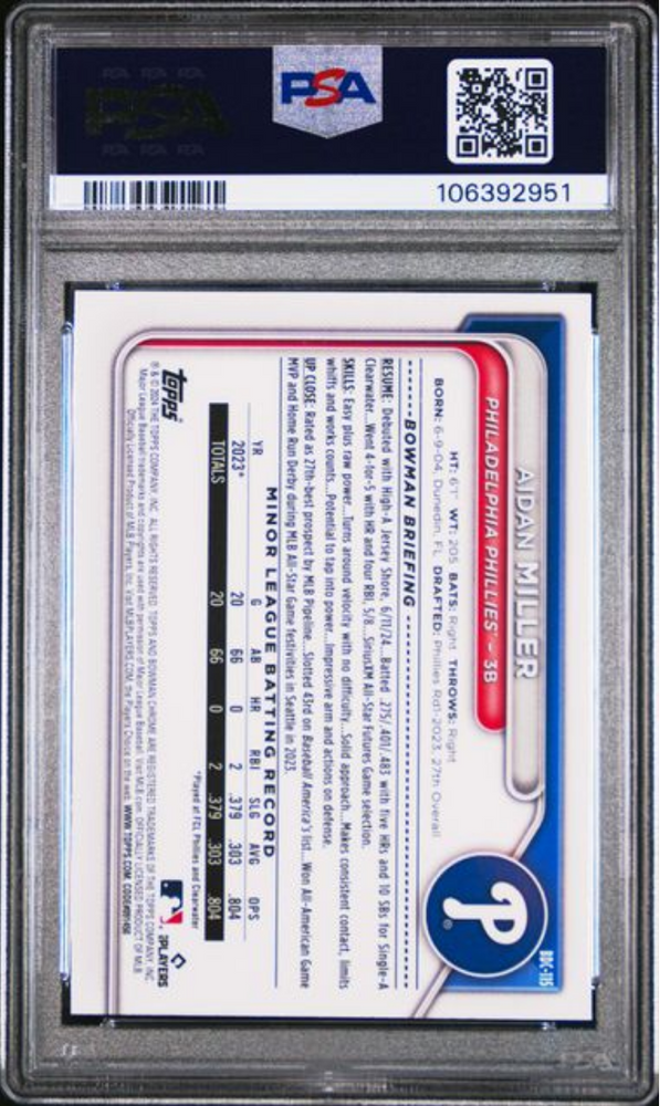 Graded 2024 Topps Bowman Draft Aidan Miller #BDC115 Chrome Sky Blue Refractor Rookie RC Baseball Card PSA 10 Gem Mint