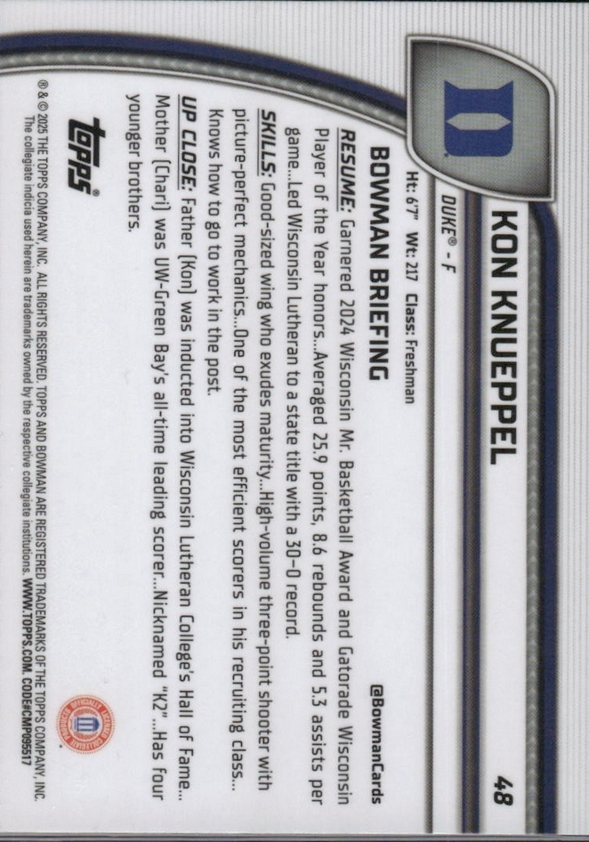 2025 Topps Bowman Chrome U Kon Knueppel #48 Auto Duke Blue Devils Rookie RC Basketball Card