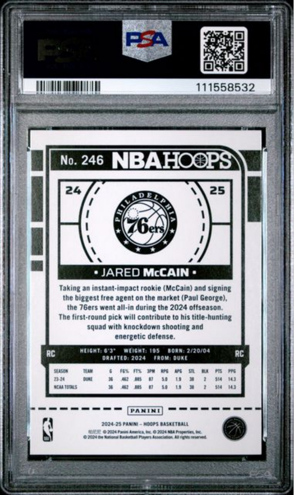 Graded 2024 Panini Hoops Jared McCain #246 Rookie RC Basketball Card PSA 10 Gem Mint