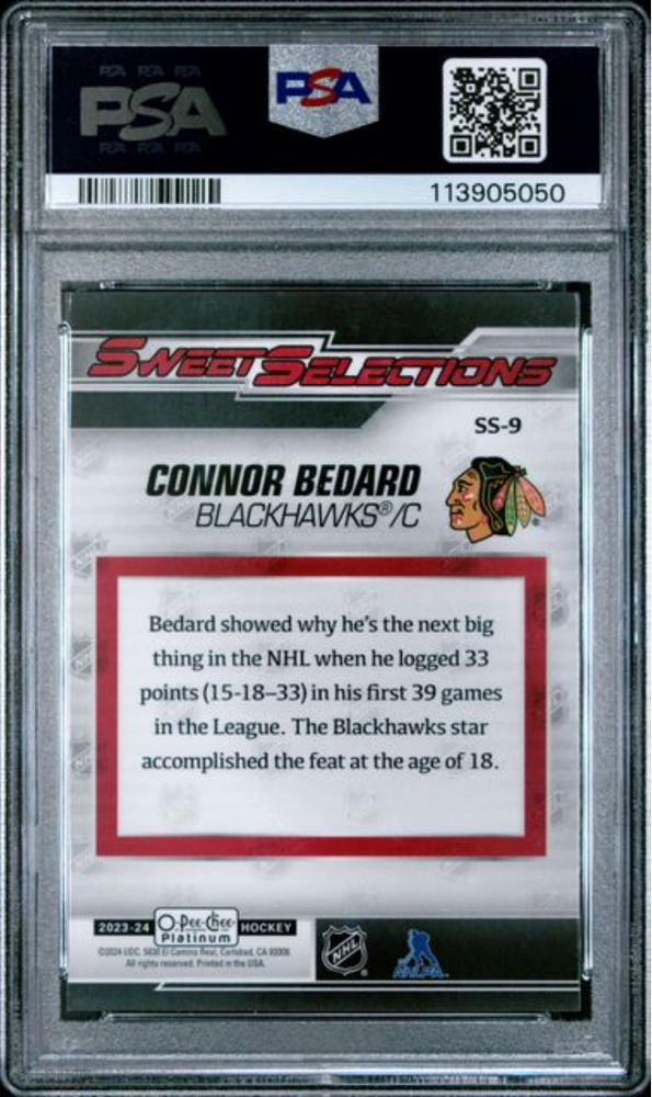 Graded 2023 Upper Deck O-Pee-Chee Platinum Connor Bedard #SS9 Sweet Selections Rookie RC Hockey Card PSA 10 Gem Mint