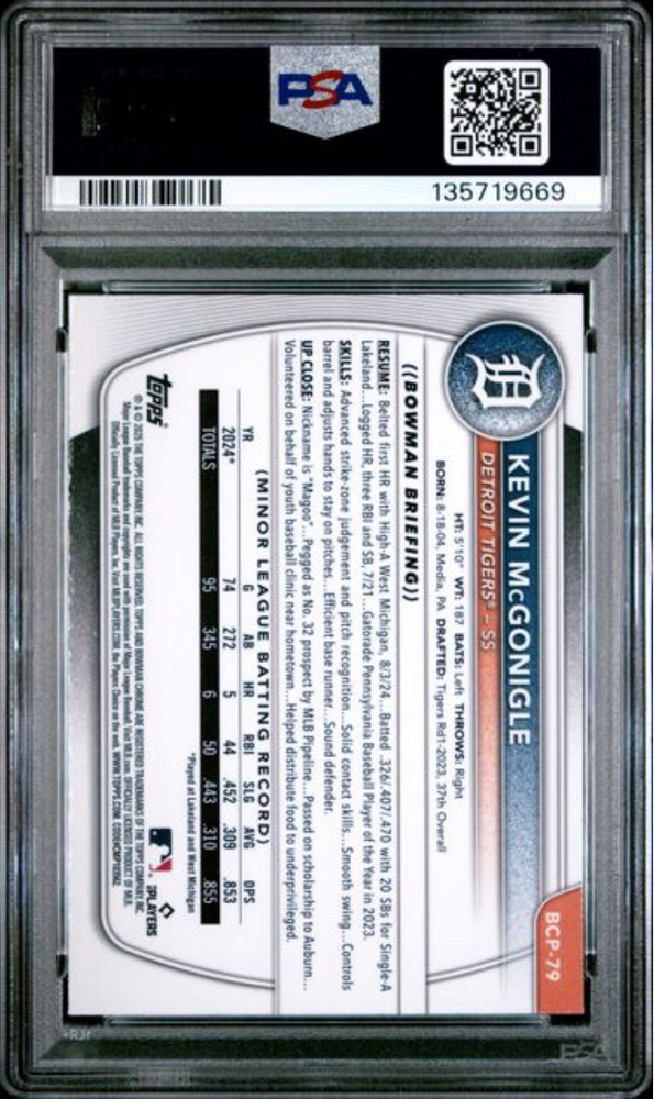 Graded 2025 Topps Bowman Chrome Mega Box Kevin McGonigle #79 Prospects Rookie RC Baseball Card PSA 10 Gem Mint