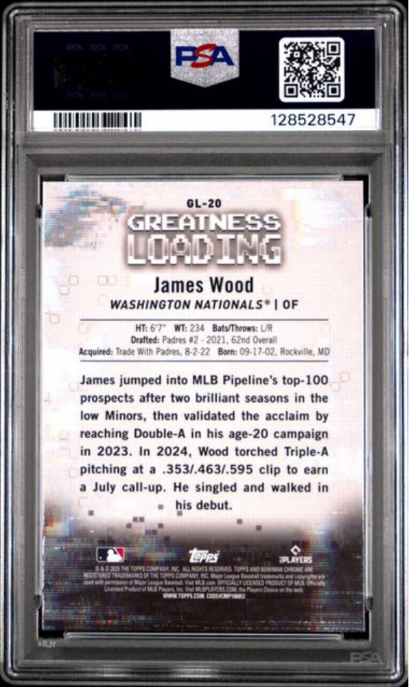 Graded 2025 Topps Bowman James Wood #GL20 Greatness Loading Rookie RC Baseball Card PSA 10 Gem Mint