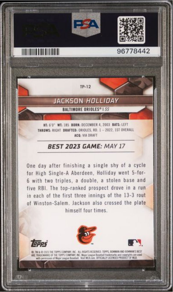 Graded 2023 Topps Bowmans Best Jackson Holliday #TP12 Top Prospects Rookie RC Baseball Card PSA 10 Gem Mint