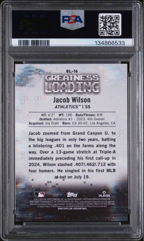 Graded 2025 Topps Bowman Jacob Wilson #GL16 Greatness Loading Green Refractor /99 Rookie RC Baseball Card PSA 10 Gem Mint