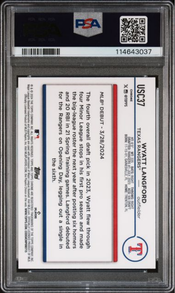 Graded 2024 Topps Chrome Update Wyatt Langford #USC37 Rookie RC Baseball Card PSA 10 Gem Mint