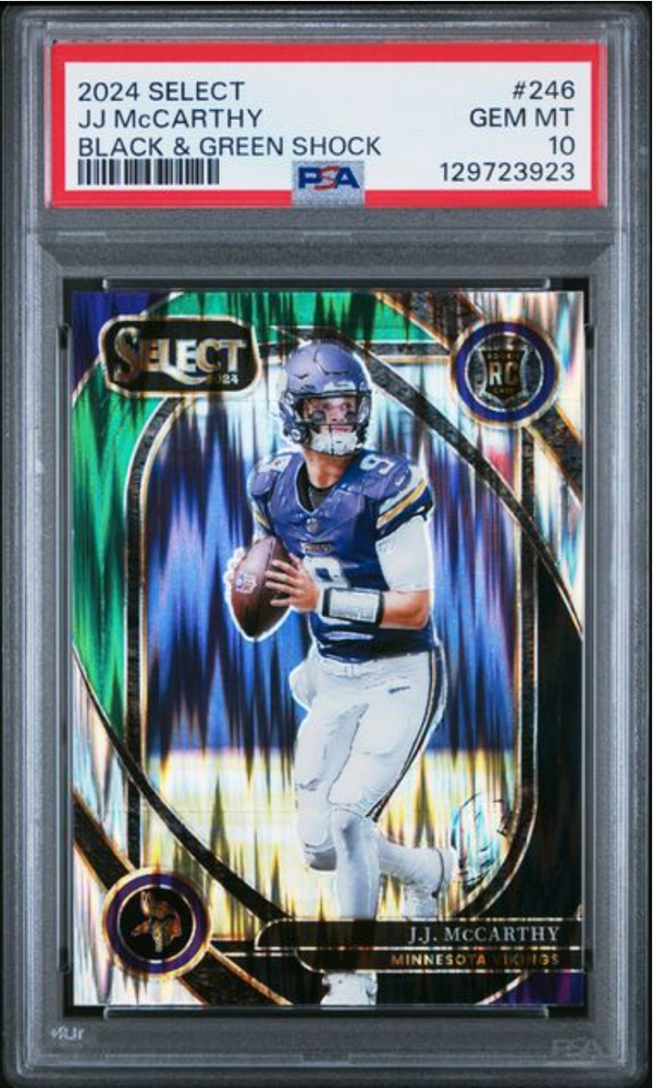 Graded 2024 Panini Select JJ McCarthy #246 Black & Green Shock Rookie RC Football Card PSA 10 Gem Mint