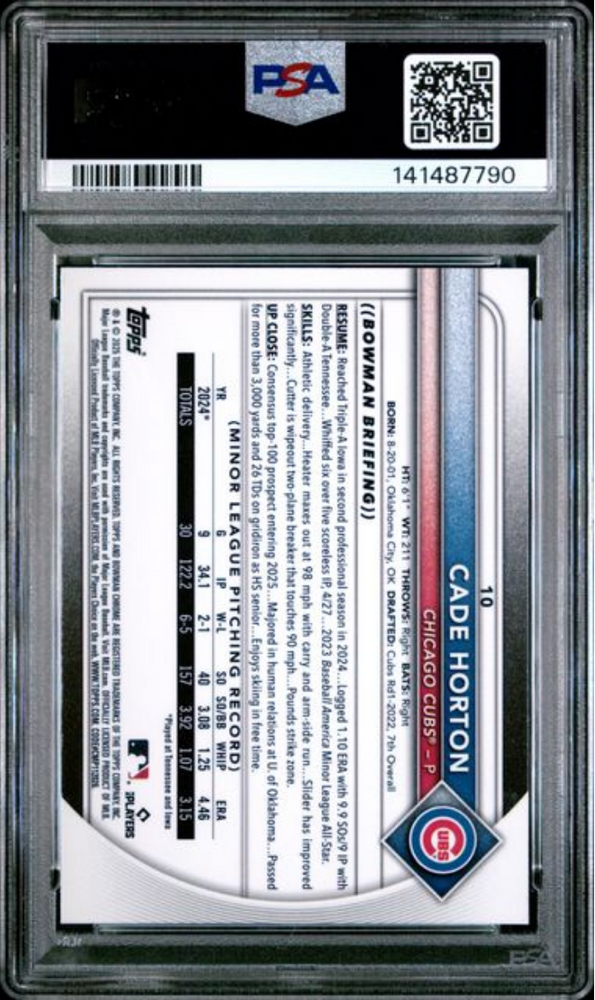 Graded 2025 Topps Bowman Chrome Cade Horton #10 Rookie RC Baseball Card PSA 10 Gem Mint