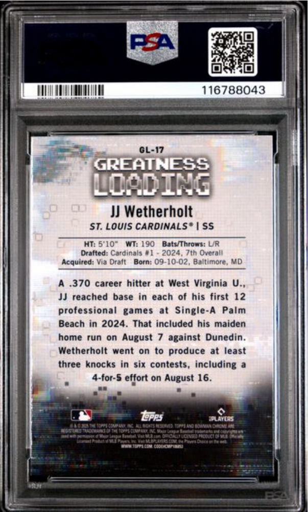 Graded 2025 Topps Bowman JJ Wetherholt #GL17 Greatness Loading Rookie RC Baseball Card PSA 10 Gem Mint