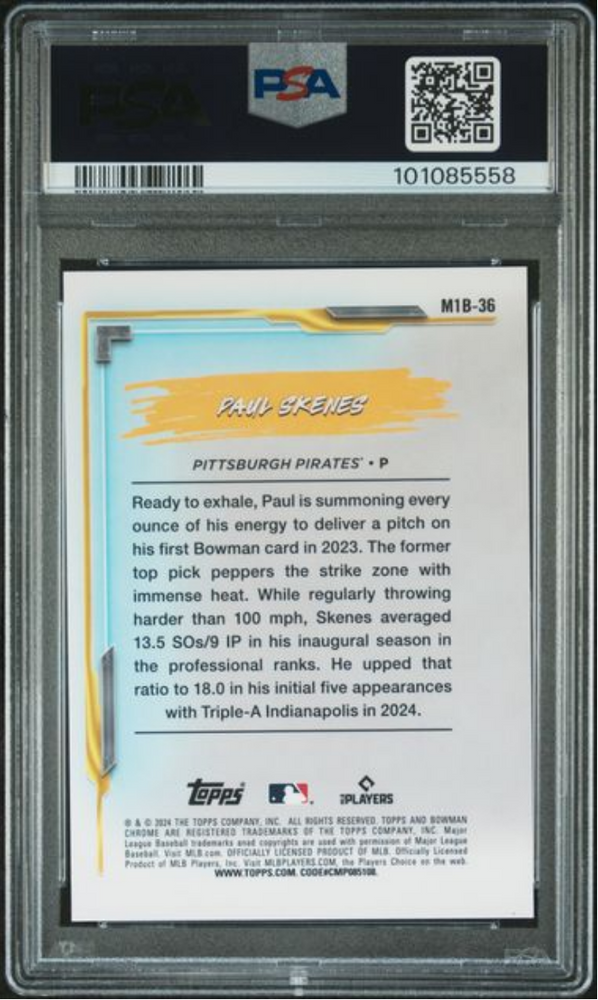 Graded 2024 Topps Bowman Chrome Paul Skenes #M1B36 My 1st Bowman Mini Diamond Refractor Rookie RC Baseball Card PSA 10 Gem Mint