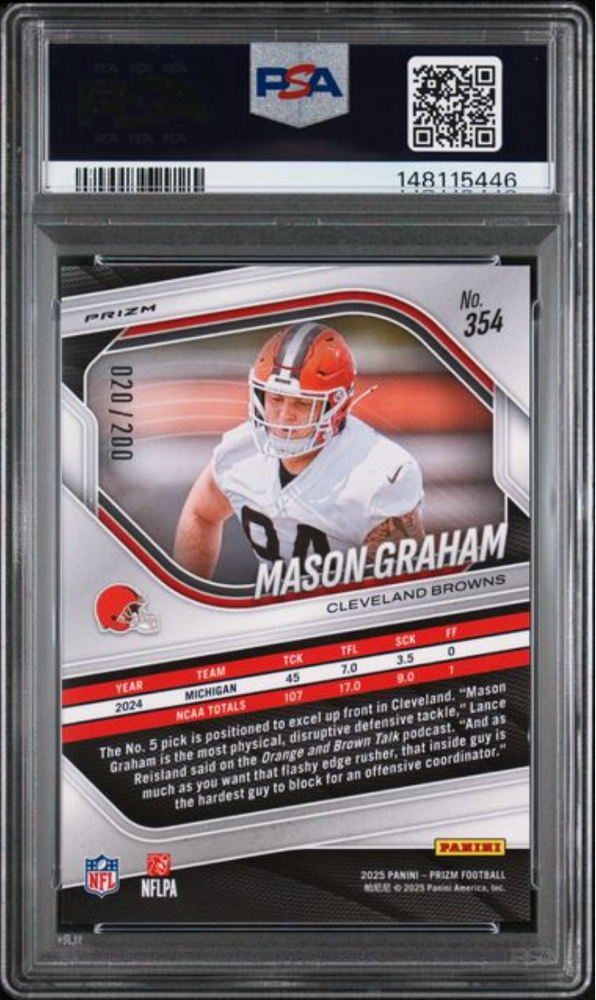 Graded 2025 Panini Prizm Mason Graham #354 Hyper Prizm /200 Rookie RC Football Card PSA 10 Gem Mint