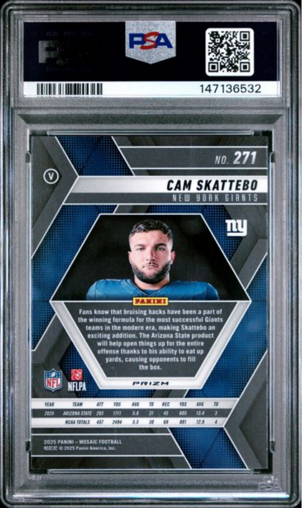 Graded 2025 Panini Mosaic Cam Skattebo #271 Green Rookie RC Football Card PSA 10 Gem Mint