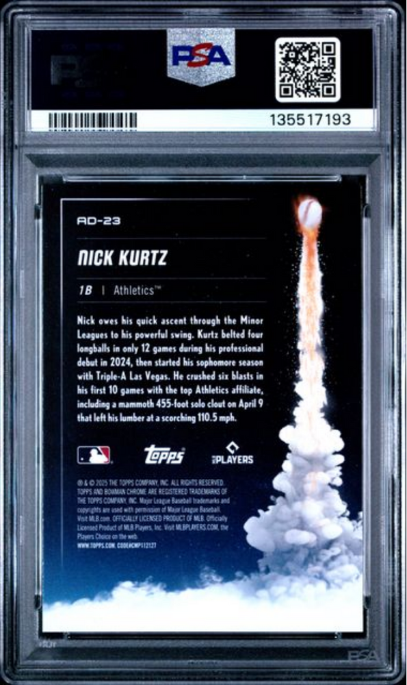 Graded 2025 Topps Bowman Chrome Nick Kurtz #AD23 Adios Rookie RC Baseball Card PSA 10 Gem Mint