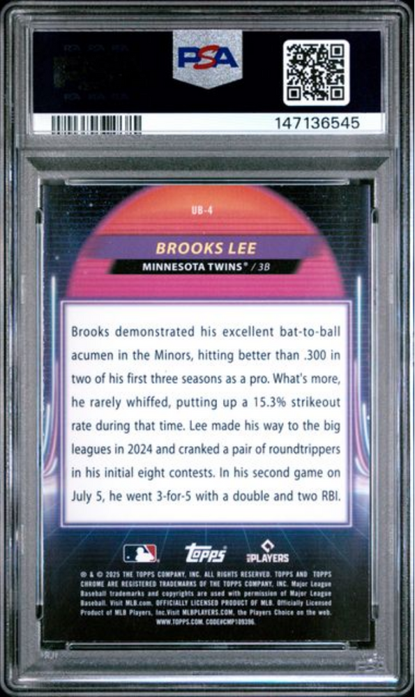 Graded 2025 Topps Cosmic Chrome Brooks Lee #4 Ultraviolet Beam Rookie RC Baseball Card PSA 10 Gem Mint