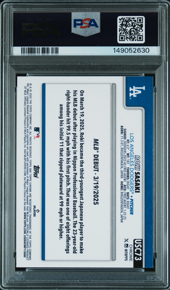 Graded 2025 Topps Chrome Update Roki Sasaki #73 Rookie RC Baseball Card PSA 10 Gem Mint