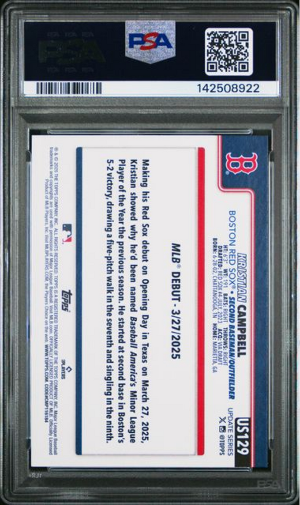 Graded 2025 Topps Update Kristian Campbell #129 Rookie RC Baseball Card PSA 10 Gem Mint