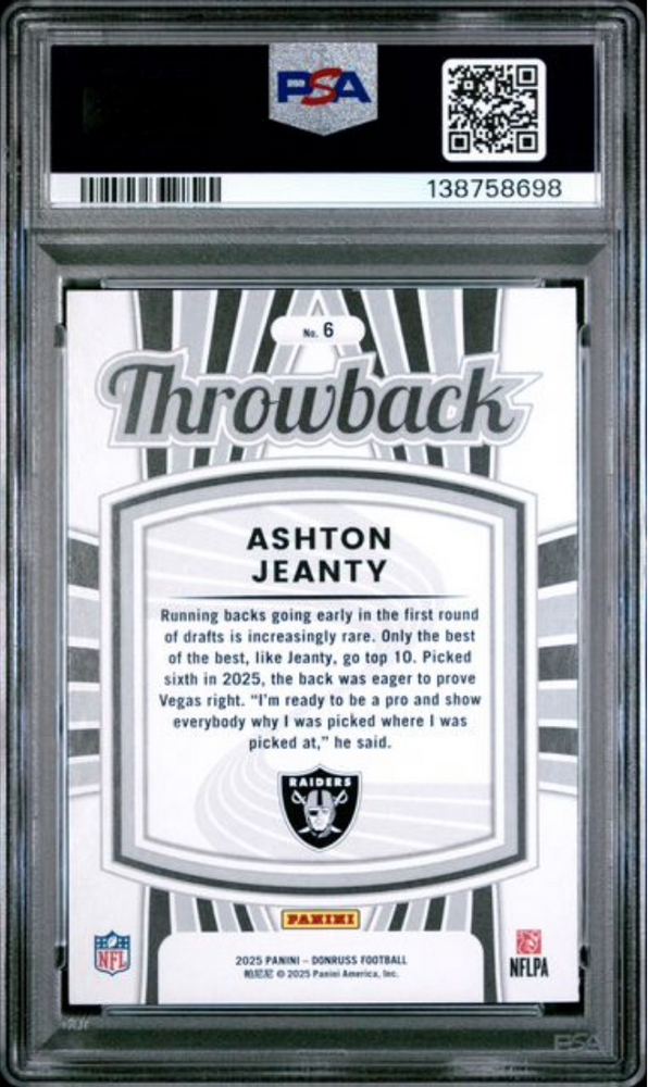 Graded 2025 Panini Donruss Ashton Jeanty #6 Rated Rookies Throwback Rookie RC Football Card PSA 10 Gem Mint