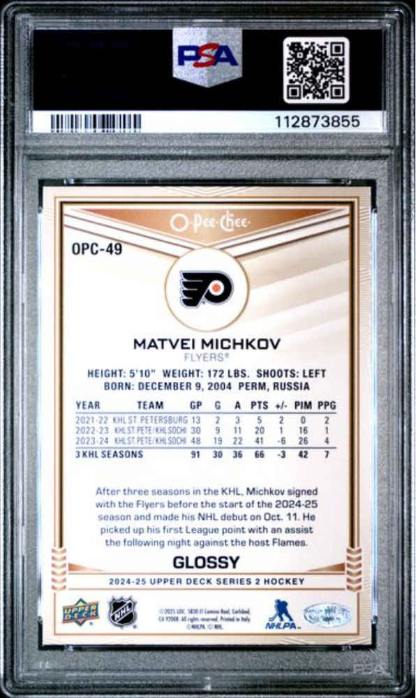 Graded 2024 Upper Deck Matvei Michkov #OPC49 O-Pee-Chee Glossy Rookie RC Hockey Card PSA 10 Gem Mint