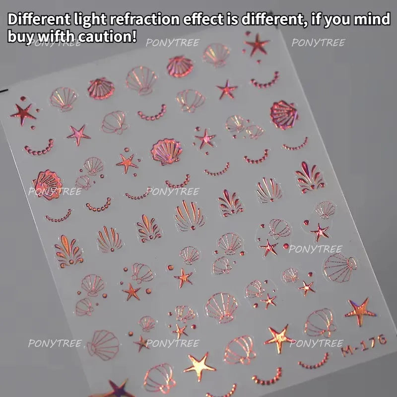 Romantic Pink Blue Shell Sea Grass Star Moon Summer Self Adhesive Nail Art Stickers Leaves Reliefs Manicure Decals Wholesale (ONLINE ORDER ONLY)
