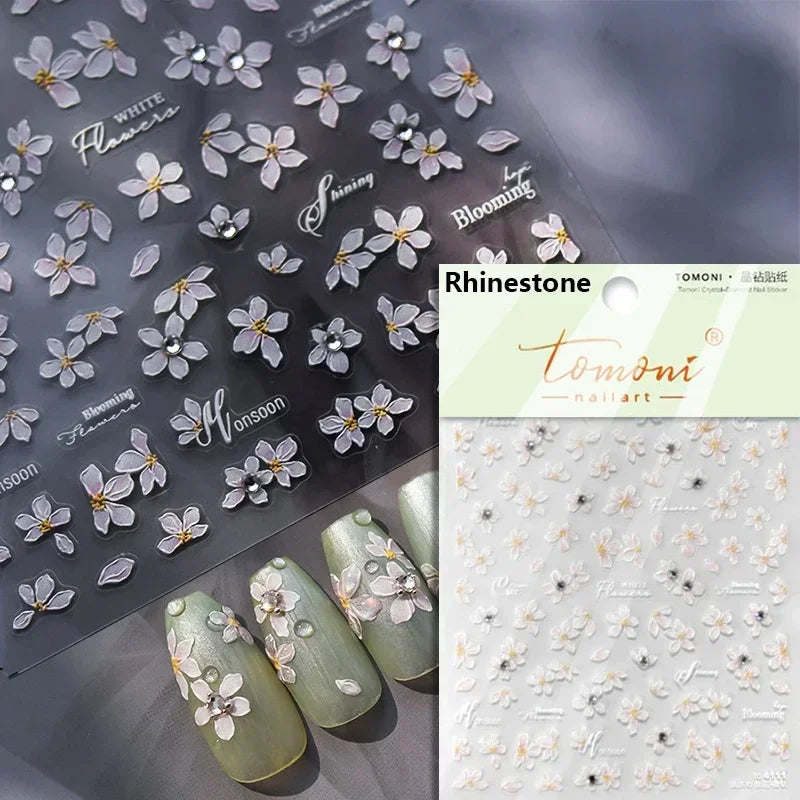 Gradient Coloredful Flower Petal Green Leaf Dreamy Shiny Chinese Rose Fantasy Relief Adhesive Nail Art Stickers Manicure Decals (Online Order Only)