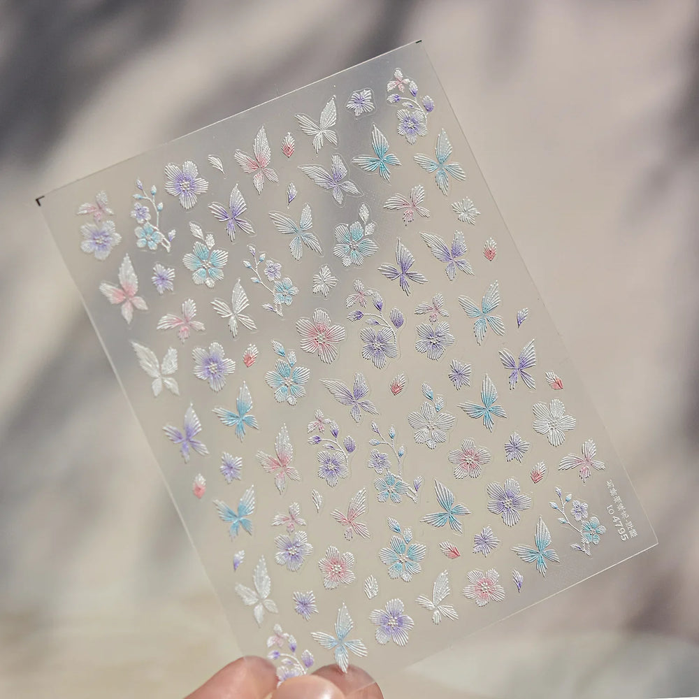 Embroidered Butterfly Flower Colourful Gradient Morning Glory Leaves Self Adhesive Nail Art Stickers Rhinestone Manicure Decals (ONLINE ORDER ONLY)