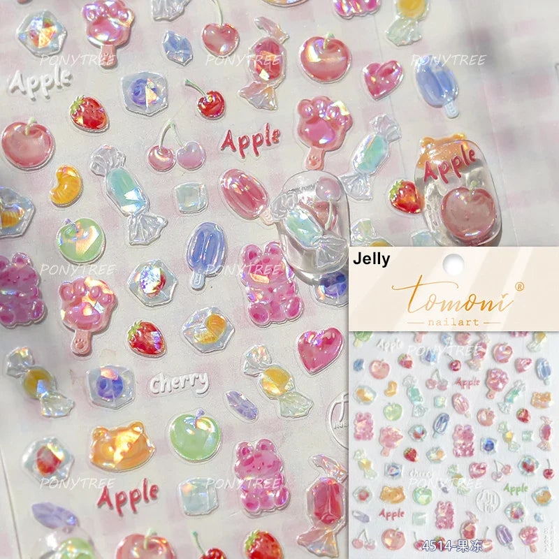 Lovely Green Pink Cherry Pudding Claw Paw Love Heart Bowknot Soft Embossed Reliefs Adhesive Nail Art Stickers Manicure Decals (ONLINE ORDER ONLY)