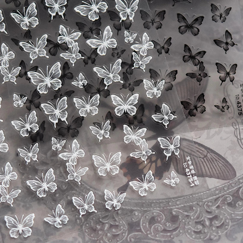 Charming Beautiful Black White Small Butterfly Flower Petal Love Heart Bowknot 5D Self Adhesive Nail Art Sticker Manicure Decals (Online Order Only)