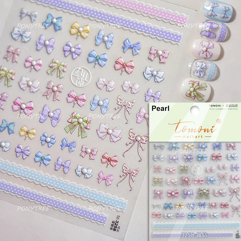 Pink White Bowknot Jelly Knot Lace Delicate Decorative Border Shiny 5D Self Adhesive Nail Art Stickers Manicure Decals Wholesale (Online Order Only)