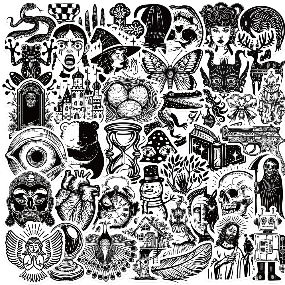 50PCS Gothic Black White Stickers Vintage Suitcase Laptop Waterproof Decals (ONLINE ORDER ONLY)