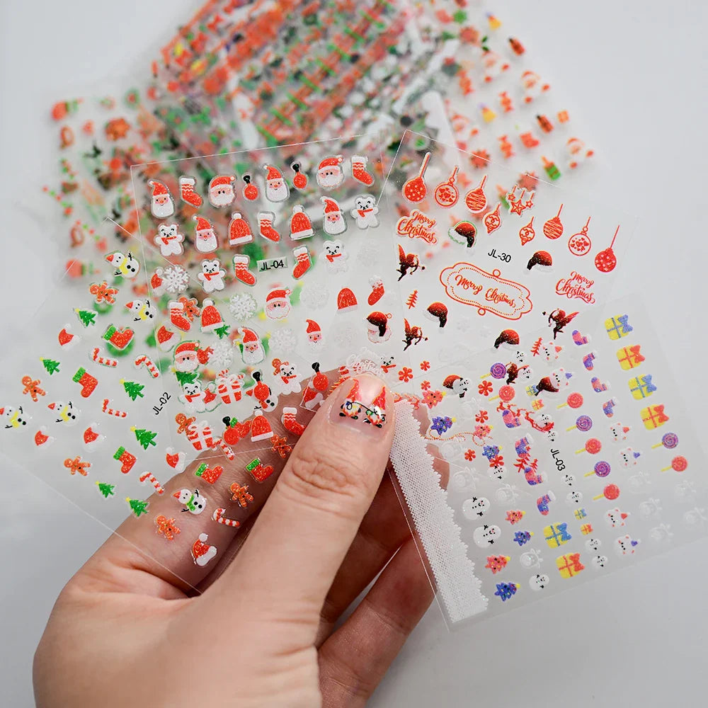 30Sheet 3D Glitter Christmas Nail Art Stickers Santa Claus Snowflake Elk Christmas Tree Design Nail Decals Cartoon Nail Supplies (Online Order Only)