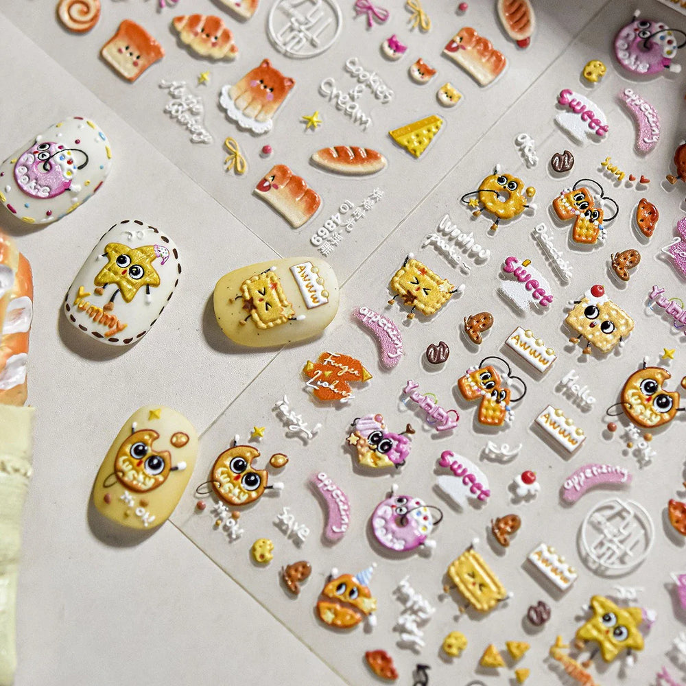 Cute Baking Cookies Bread Bread Cheese Pudding Chocolate Croissant Doughnut Adhesive Nail Art Decoration Sticker Manicure Decals (ONLINE ORDER ONLY)