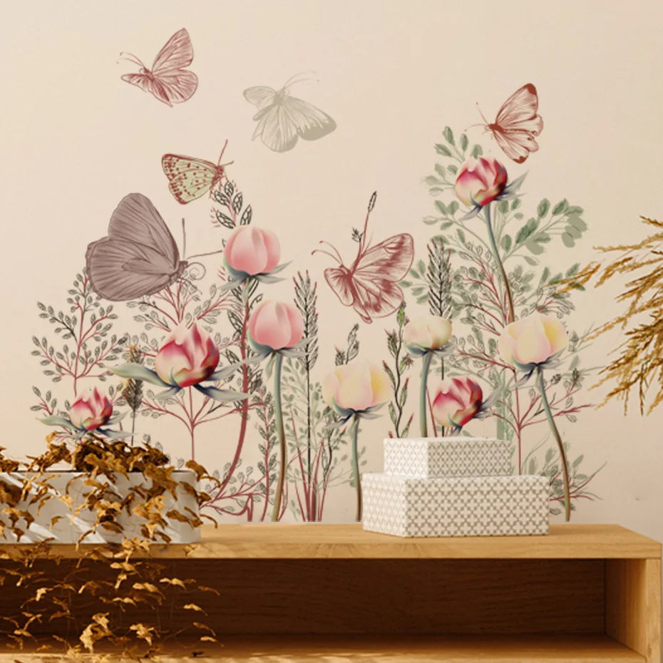 Butterfly Wall Stickers for Kids Nursery - Pink Flowers & Green Leaves Decor (ONLINE ORDER ONLY)