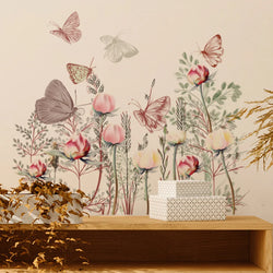Butterfly Wall Stickers for Kids Nursery - Pink Flowers & Green Leaves Decor (ONLINE ORDER ONLY)