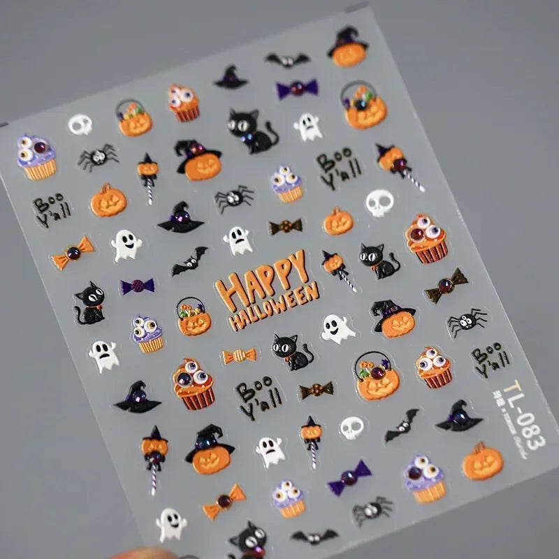 Halloween Ghost Pumpkin Bat Coffin Cat Spider Demon Jelly Self Adhesive Nail Art Sticker Terrifying Candy Candle Manicure Decals (ONLINE ORDER ONLY)