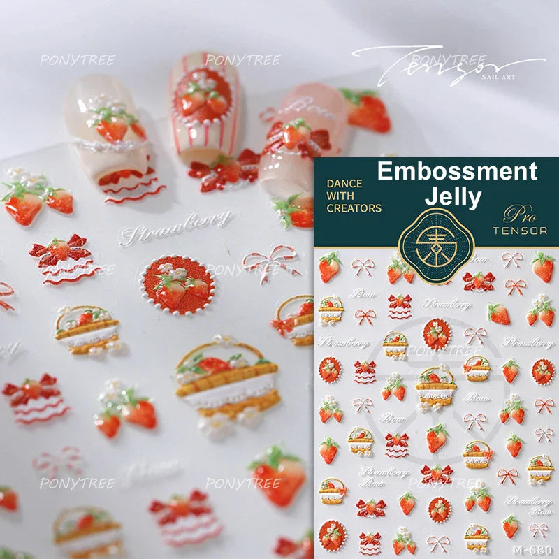 Cute Pink Strawberry Bowknot Star Lesbian Ribbon Fluttering Fruit Rhinestone Relief Adhesive Nail Art Stickers Manicure Decals (ONLINE ORDER ONLY)
