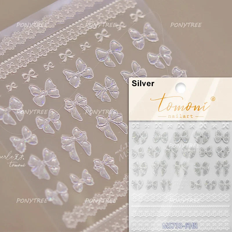 Retro White Lace Bandage Line Bowknot Irregular Fabric Cording Square Calligraphy Adhesive Nail Art Sticker 3D Manicure Decals (ONLINE ORDER ONLY)
