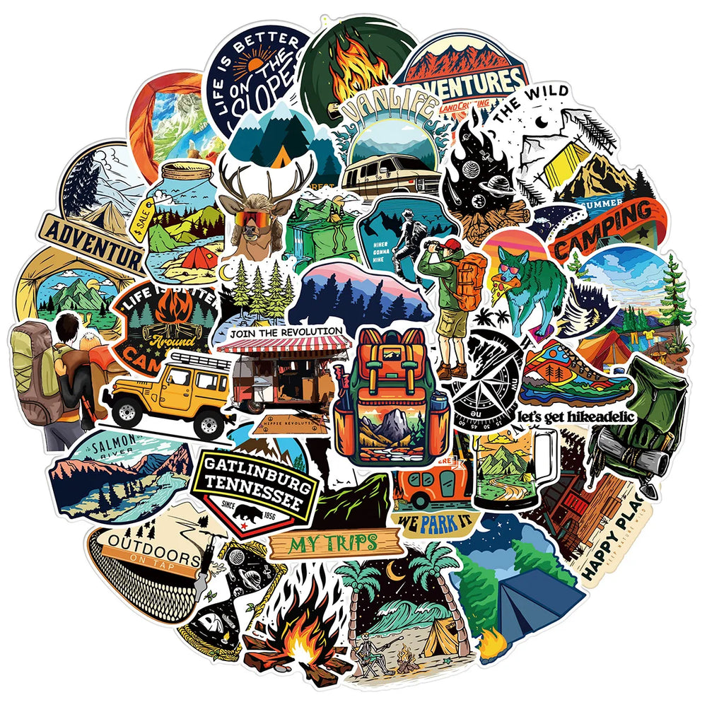 50pcs Forest Camping Hiking Outdoor Stickers Travel Scenery Decals Suitcase Luggage Scrapbook Waterproof Graffiti Sticker Toys (ONLINE ORDER ONLY)