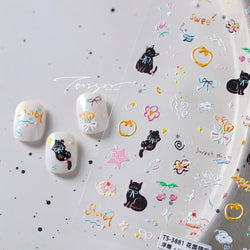 Cat Kitten Mewing Flower Star Bowknot Sweet Cherry Cake Food Line Sun Apple Heart Self Adhesive Nail Art Stickers Manicure Decal (Online Order Only)