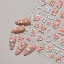 Retro Love Heart White Lace flower Bowknot Tie Pink Bear Flower Strawberry Adhesive Nail Art Stickers Rhinestone Manicure Decals (ONLINE ORDER ONLY)