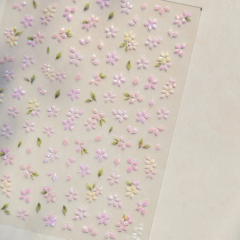 Pink Cherry Blossoms Peach Flower Petal Green Leaf Greenery 5D Embossed Relief Self Adhesive Nail Art Sticker 3D Manicure Decals (ONLINE ORDER ONLY)