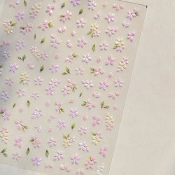 Pink Cherry Blossoms Peach Flower Petal Green Leaf Greenery 5D Embossed Relief Self Adhesive Nail Art Sticker 3D Manicure Decals (ONLINE ORDER ONLY)